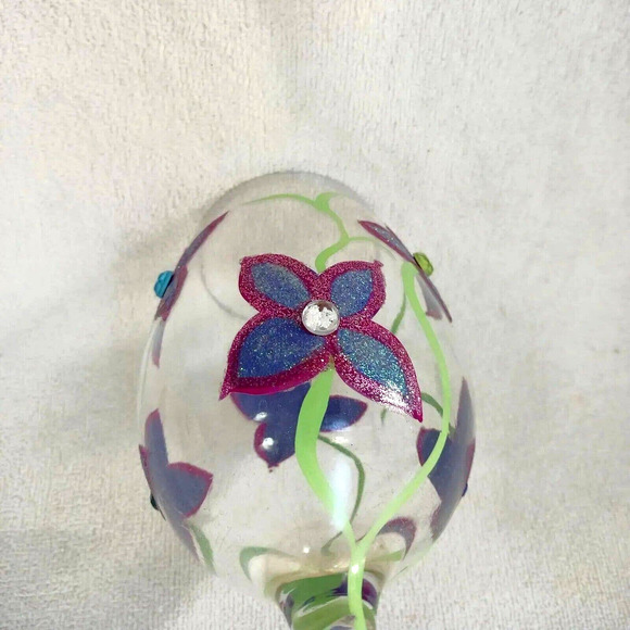 2 Saints HAND PAINTED 9" WINE GLASS Sparkle Violets Flowers w Bling Diamonds - Picture 8 of 16
